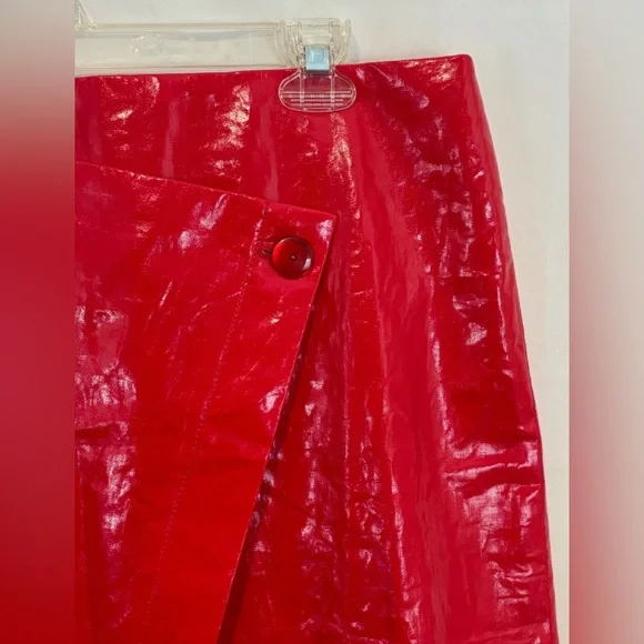 J.CREW Collection Red Laminated Linen Wrap Midi Skirt Size 16 Glossy High Rise - Picture 2 of 15